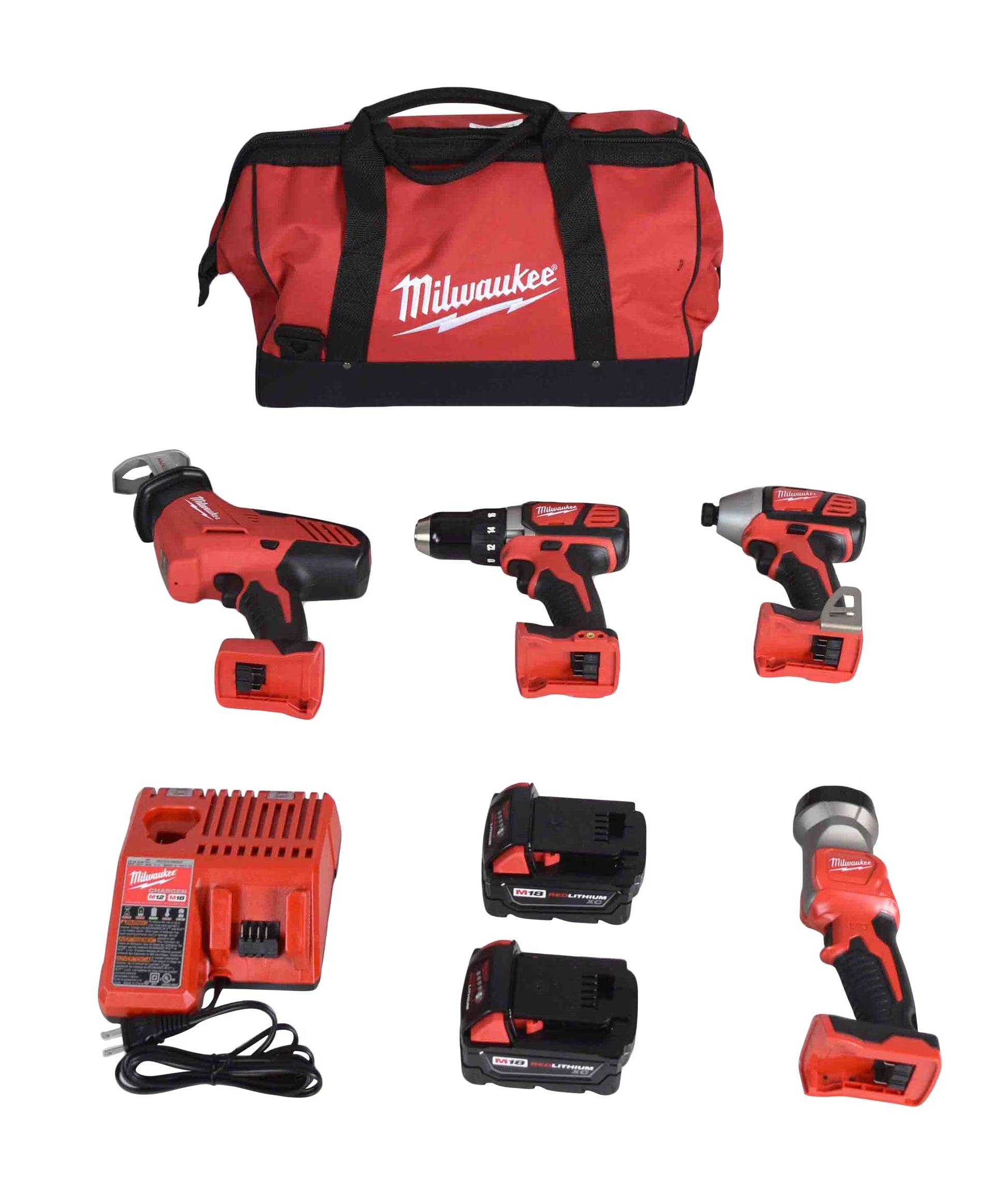 Milwaukee M18 Cordless 18V 4-Tool Kit (Drill/Driver, Hackzall, Impact Driver, Light) 2695-24 with (2) 3Ah Batteries, Charger, & Tool Bag