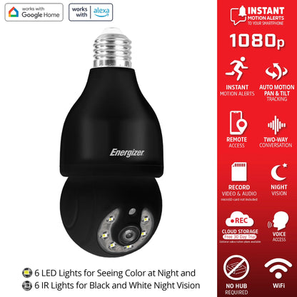 Energizer Smart Light Bulb Security Camera 2-Pack, Outdoor Socket Camera, 1080p, Auto Tracking, Pan & Tilt, Night Vision, 2-Way Audio, Instant Alerts, Remote Access, Works with Google Home & Alexa