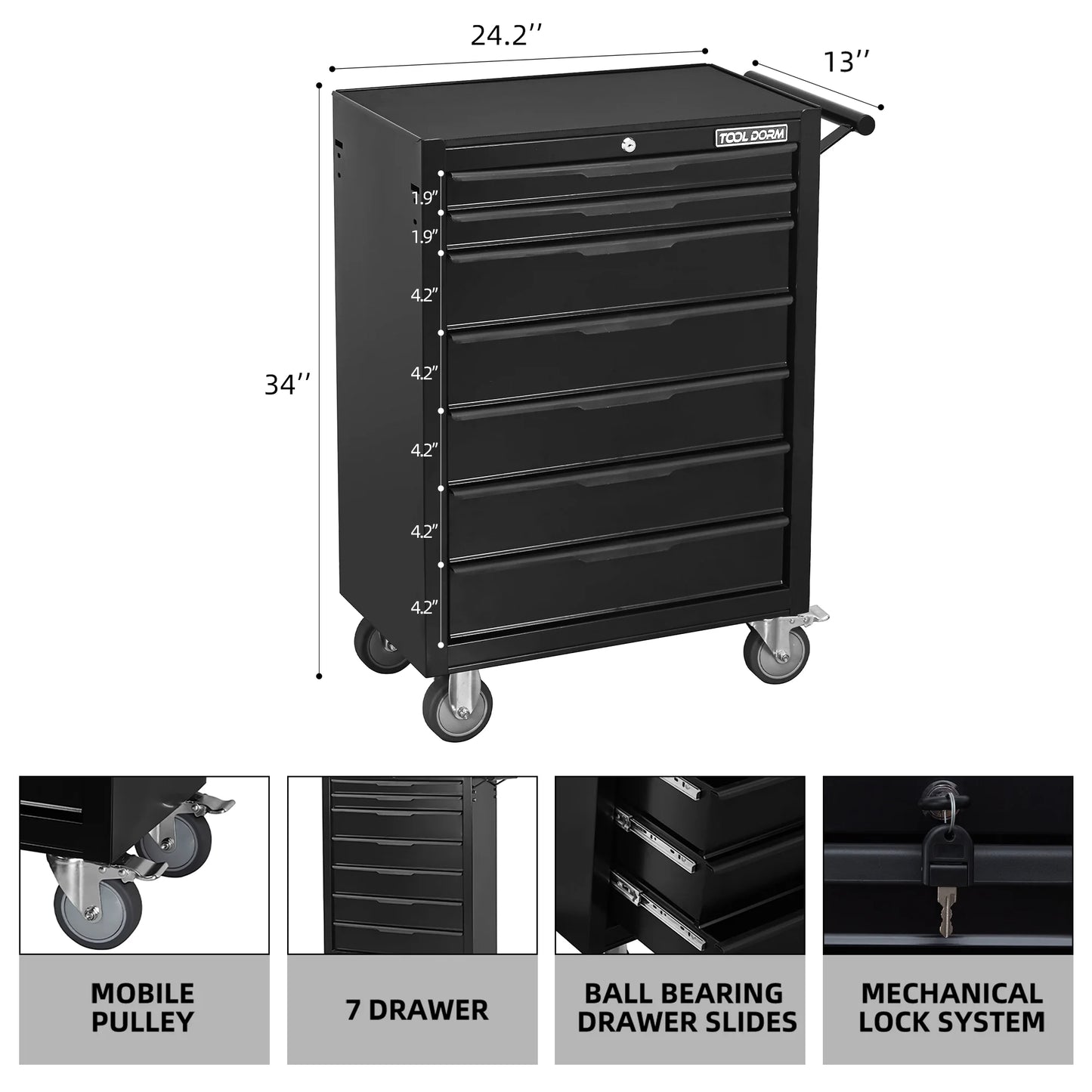 Tool Cabinet Tool Cart 24.2inch with 7 Drawers and Wheels, Metal Rolling Tool Box Locked Drawers Storage Organizer Cabinet for Garage, Warehouse, Repair Shop, Workshop, Brand