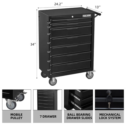 Tool Cabinet Tool Cart 24.2inch with 7 Drawers and Wheels, Metal Rolling Tool Box Locked Drawers Storage Organizer Cabinet for Garage, Warehouse, Repair Shop, Workshop, Brand