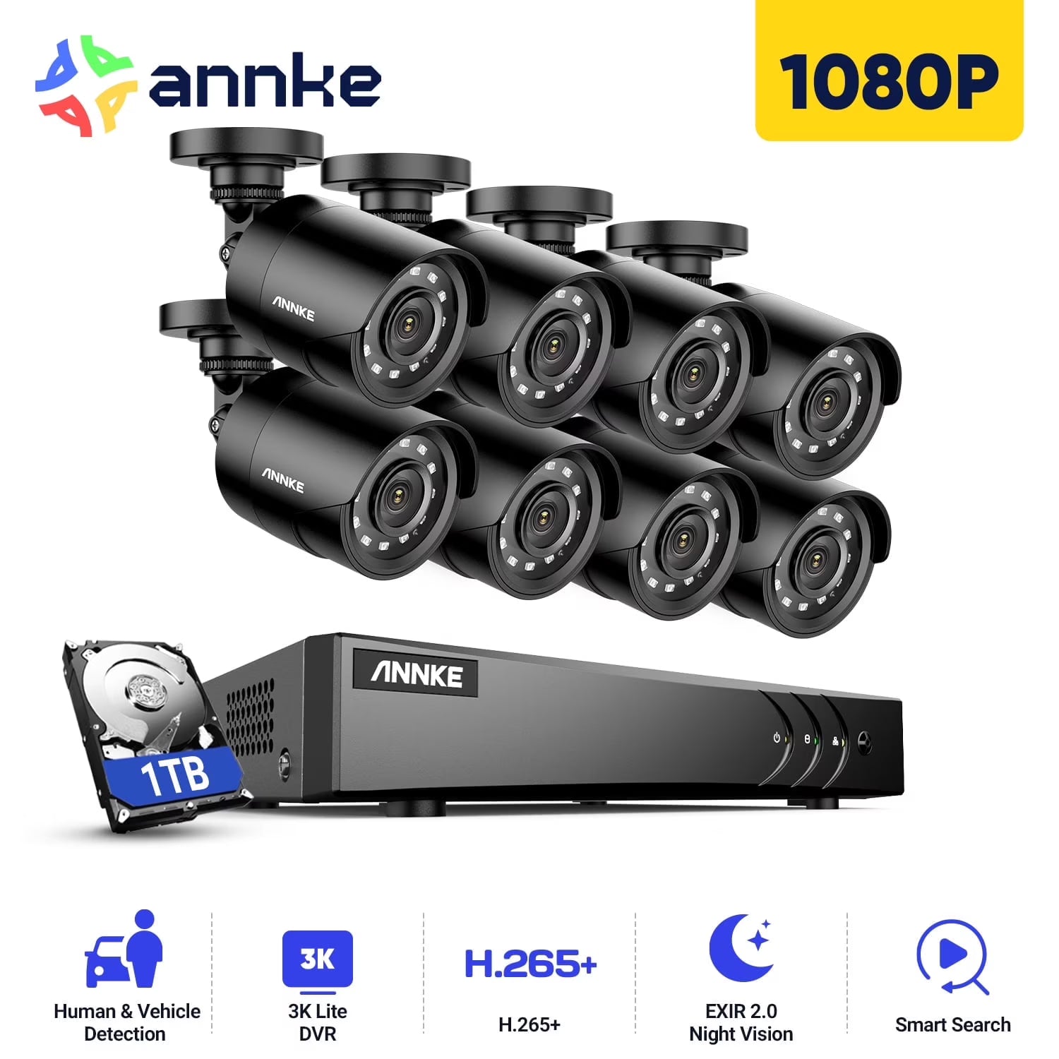 ANNKE H.265+ Wired Security Camera System, 8pcs 2MP Surveillance Weatherproof Bullet Cameras and 3K AI 5in1 DVR with Human/Vehicle Detection, 100ft IR Night Vision, No HDD, Remote Acce, Security Kit