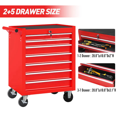 Seizeen Rolling Tool Chest on Wheels, Metal Tool Cart Toolbox Storage Cabinet Organizer W/7 Drawers, Red
