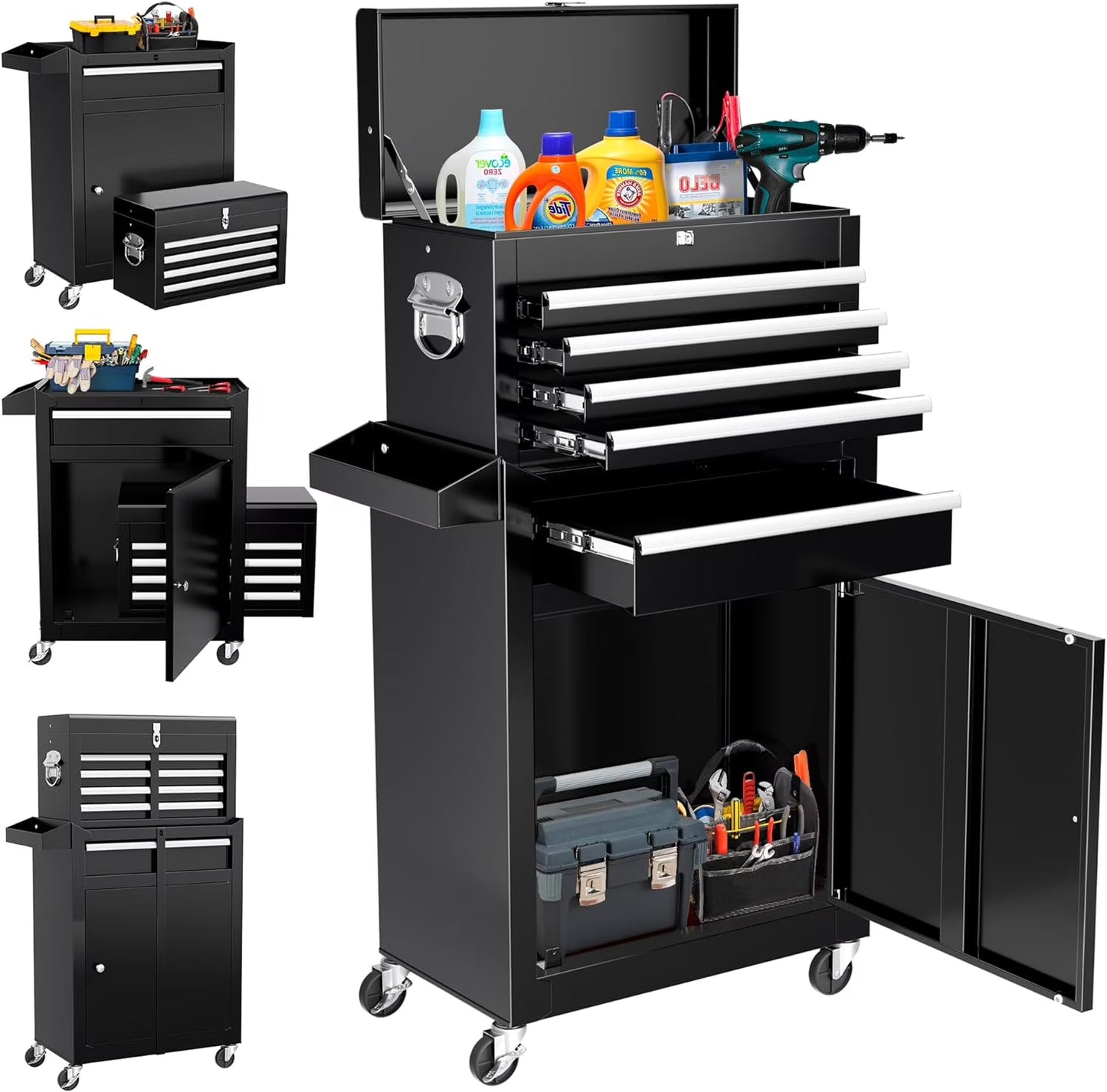 Huloretions 20" Tool Chest,Tool Storage Removable Tool Box Combo Rolling Tool Chest, 5-Drawers Metal Tool Box Organizer w/Auto Locking System & Lockable Wheels, Sliding Drawers, Detachable Top