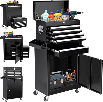 Huloretions 20" Tool Chest,Tool Storage Removable Tool Box Combo Rolling Tool Chest, 5-Drawers Metal Tool Box Organizer w/Auto Locking System & Lockable Wheels, Sliding Drawers, Detachable Top