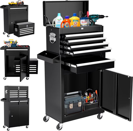 Huloretions 20" Tool Chest,Tool Storage Removable Tool Box Combo Rolling Tool Chest, 5-Drawers Metal Tool Box Organizer w/Auto Locking System & Lockable Wheels, Sliding Drawers, Detachable Top