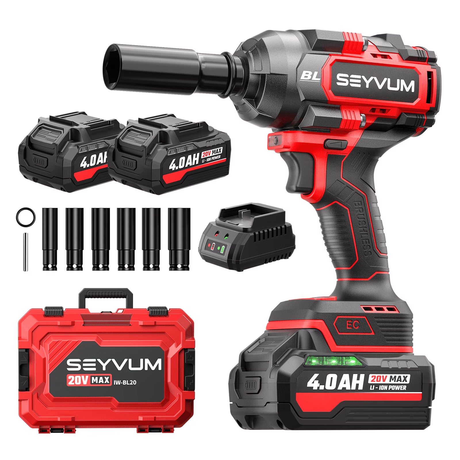 Cordless Impact Wrench, 1/2" Impact Gun, Max Torque 440 Ft-lbs (600 N.m) Heavy Duty Cordless Impact Driver, 3500 RPM Electric Impact Drill, 20V Brushless, 2x4.0Ah Li-ion Battery, 4Pcs Impact Sockets