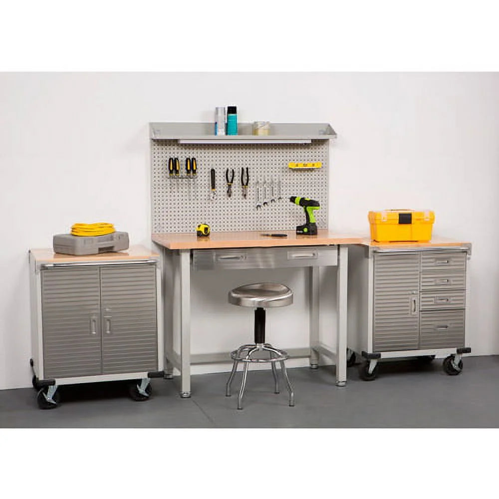 Seville Classics UltraHD® Heavy Duty Rolling Cabinet Workbench Table w/Solid Wood Top, Workstation for Garage, Office, Workshop, Granite, 1-Door, 4-Drawer (28" W x 25" D)