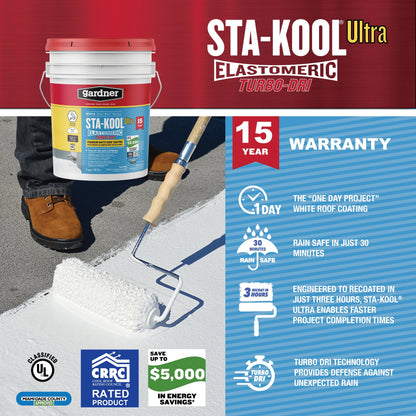 GARDNER STA-KOOL 15 YR Turbo-Dri Elastomeric Roof Coating - White, White, 5 Gallon