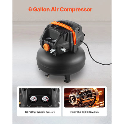 KFFKFF 6-Gallon Portable Air Compressor, 1.7HP Motor, 2.3CFM@90PSI, 150PSI Max Pressure, Includes 12-Piece Accessory Kit and 25FT Air Hose for Tire Inflation, Painting, and Woodworking