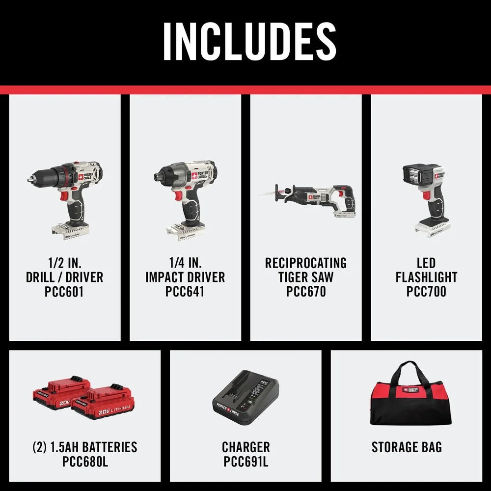 Porter Cable 20V MAX Cordless 4 tool Combo Kit 20 volt