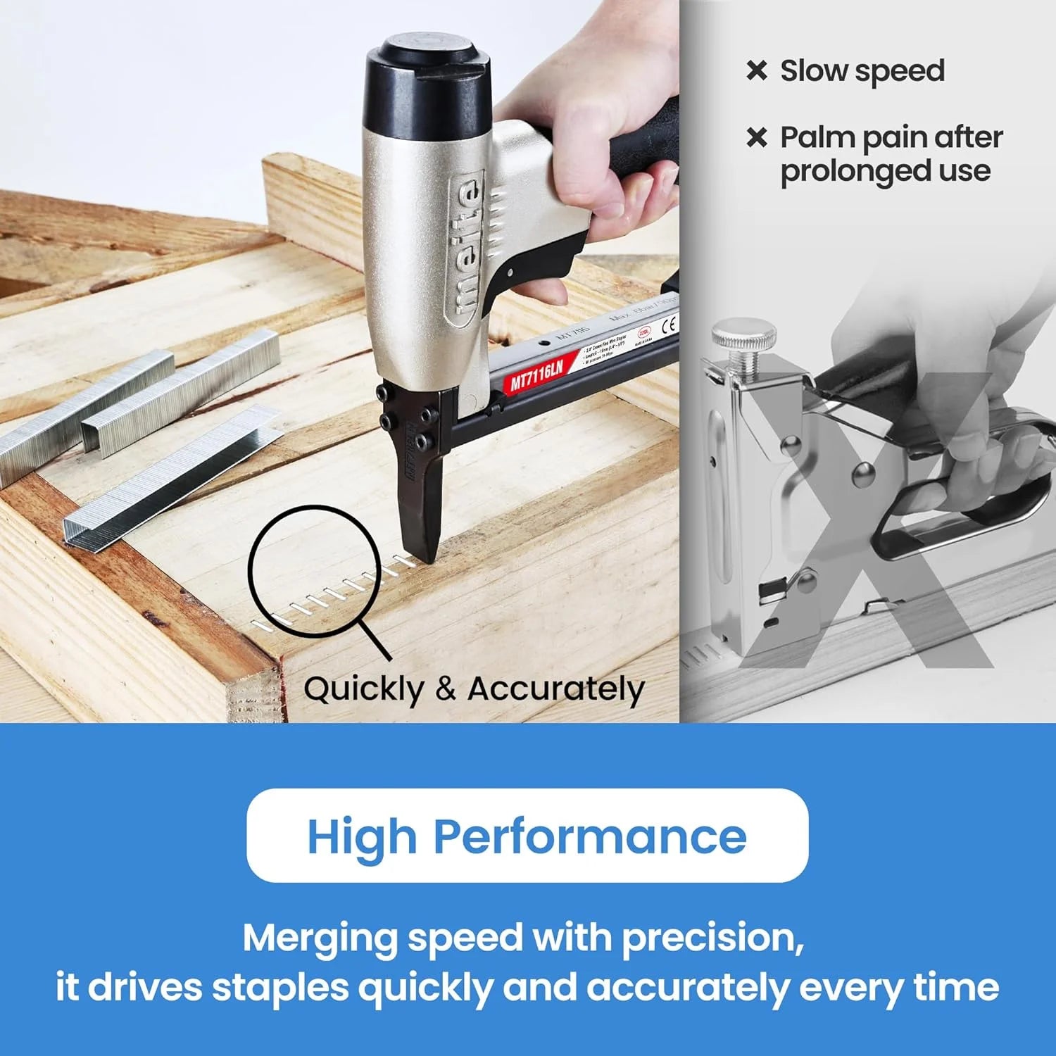 MEITE MT7116LN Pneumatic Staple Gun with Long Nose 22 Gauge 3/8" Crown 1/4" to 5/8" Length 71 Series