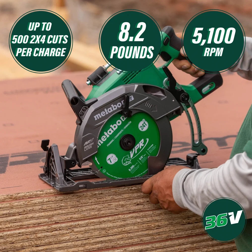 Metabo HPT 36V MultiVolt 7-1/4 Inch Rear Handle Circular Saw, Lightweight Design, Up to 500 2x4 Cuts Per Charge, 53? Adjustable Bevel Capacity, Lifetime Tool Body Warranty, C3607DWA