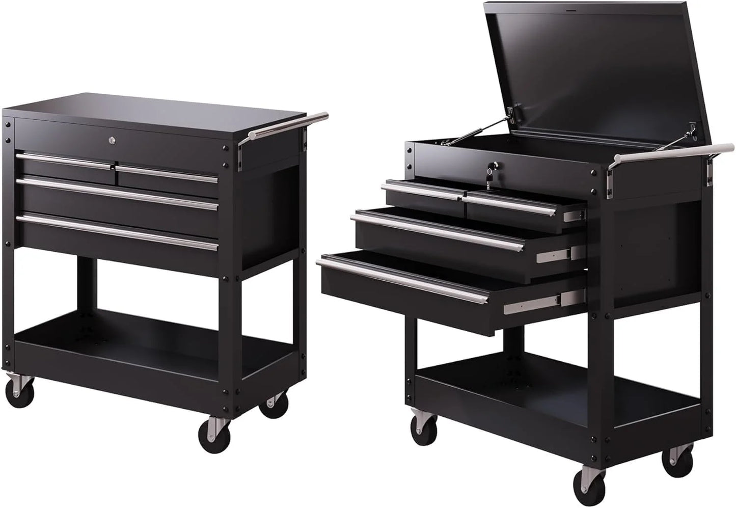 4-Drawer Heavy Duty Tool Cart On Wheels, Locking Rolling Tool Chest with 600+ Lbs Capacity, Powder-Coated Steel, Brake Casters & Multi-Tier Shelves for Garage, Workshop, and Job Site