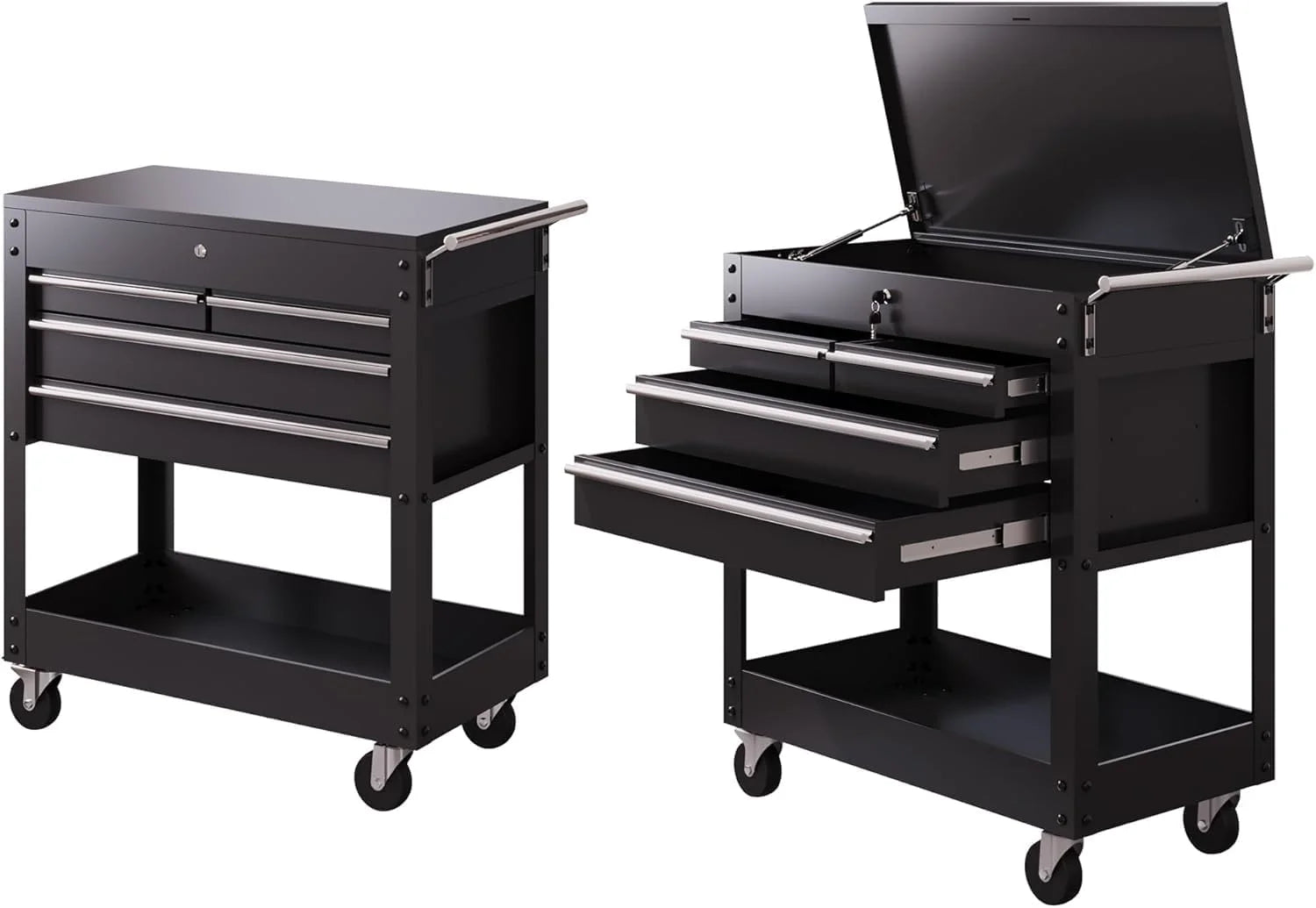 4-Drawer Heavy Duty Tool Cart On Wheels, Locking Rolling Tool Chest with 600+ Lbs Capacity, Powder-Coated Steel, Brake Casters & Multi-Tier Shelves for Garage, Workshop, and Job Site
