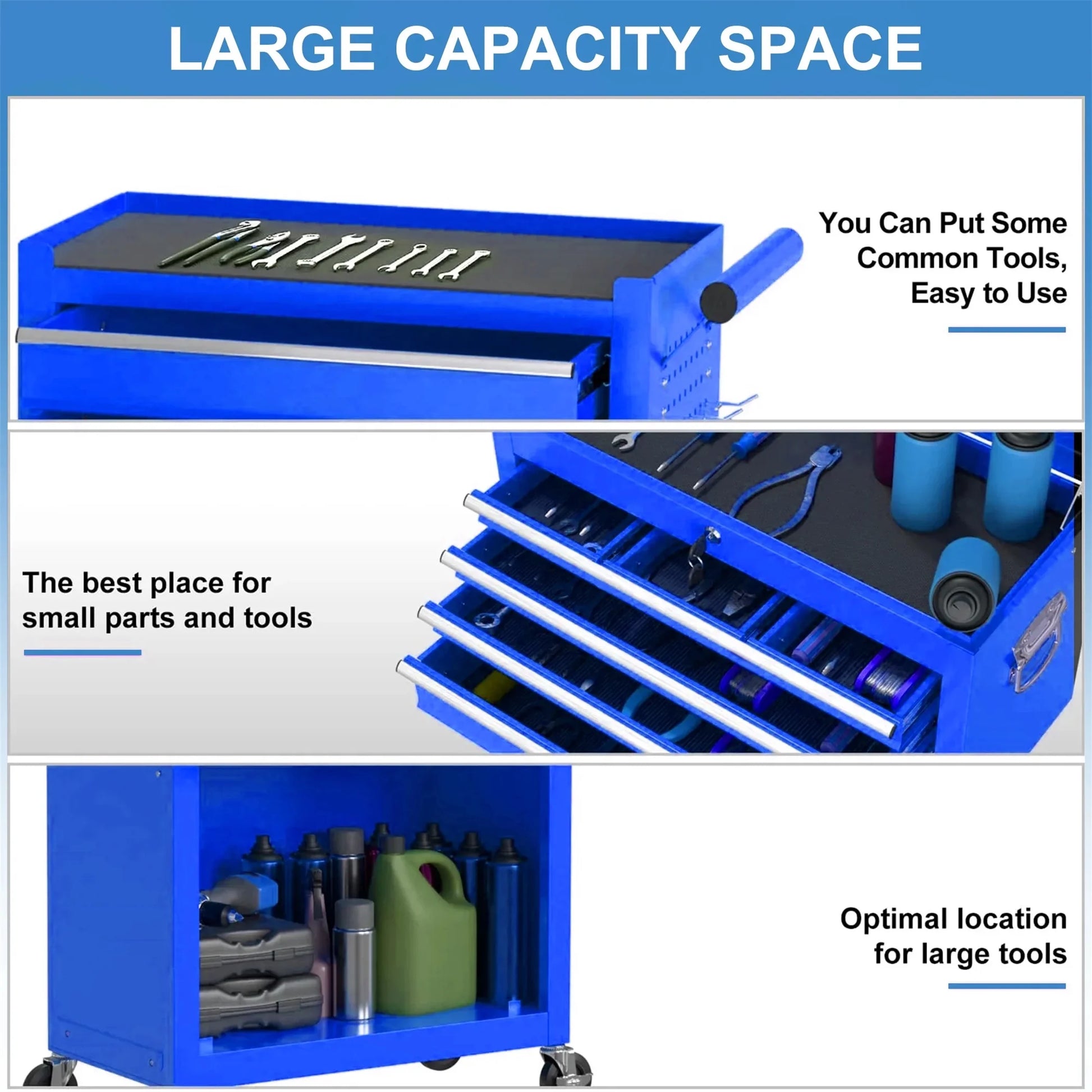 Aukfa Tool Box, 2 in 1 Steel Rolling Tool Chest & Cabinet On Wheels for Garage, 5-drawer, Blue