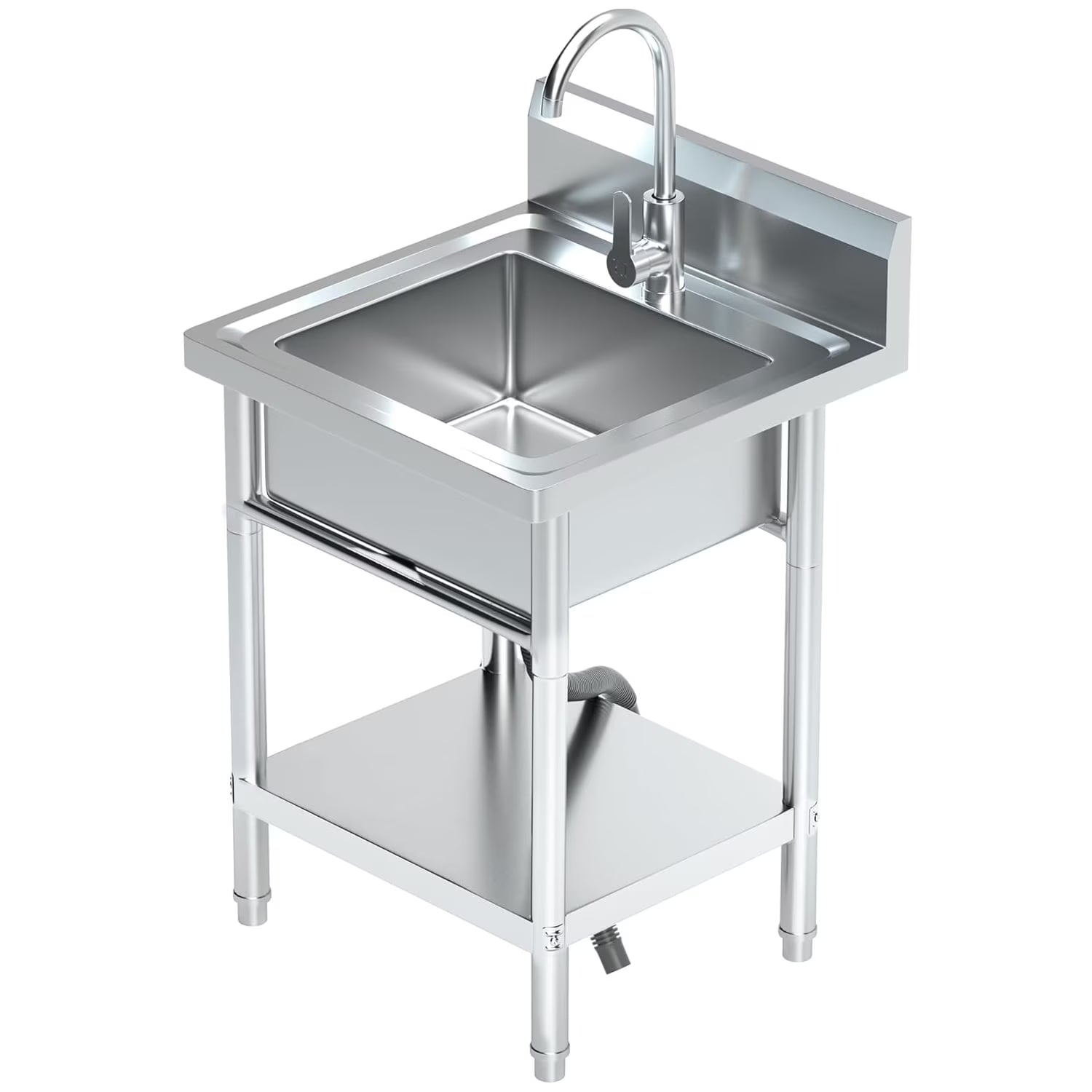 Utility Sink Freestanding Single Bowl Laundry Sink with Shelf board Hot and Cold Water Plumbing Stainless Steel Sink for Restaurant, Laundry Room, Garage, Commercial Kitchen