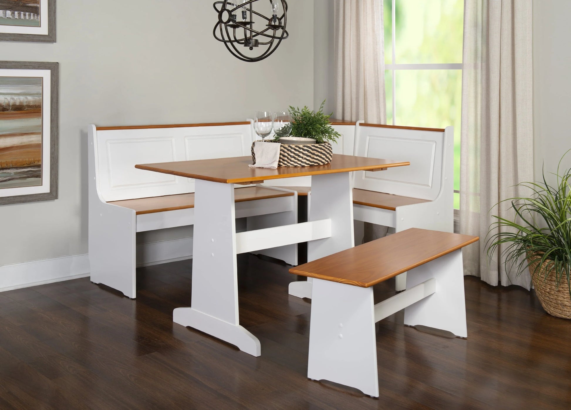 Linon Ardmore Wood Corner Dining Breakfast Nook with Table and Storage, Seats 5-6, White and Natural Finish