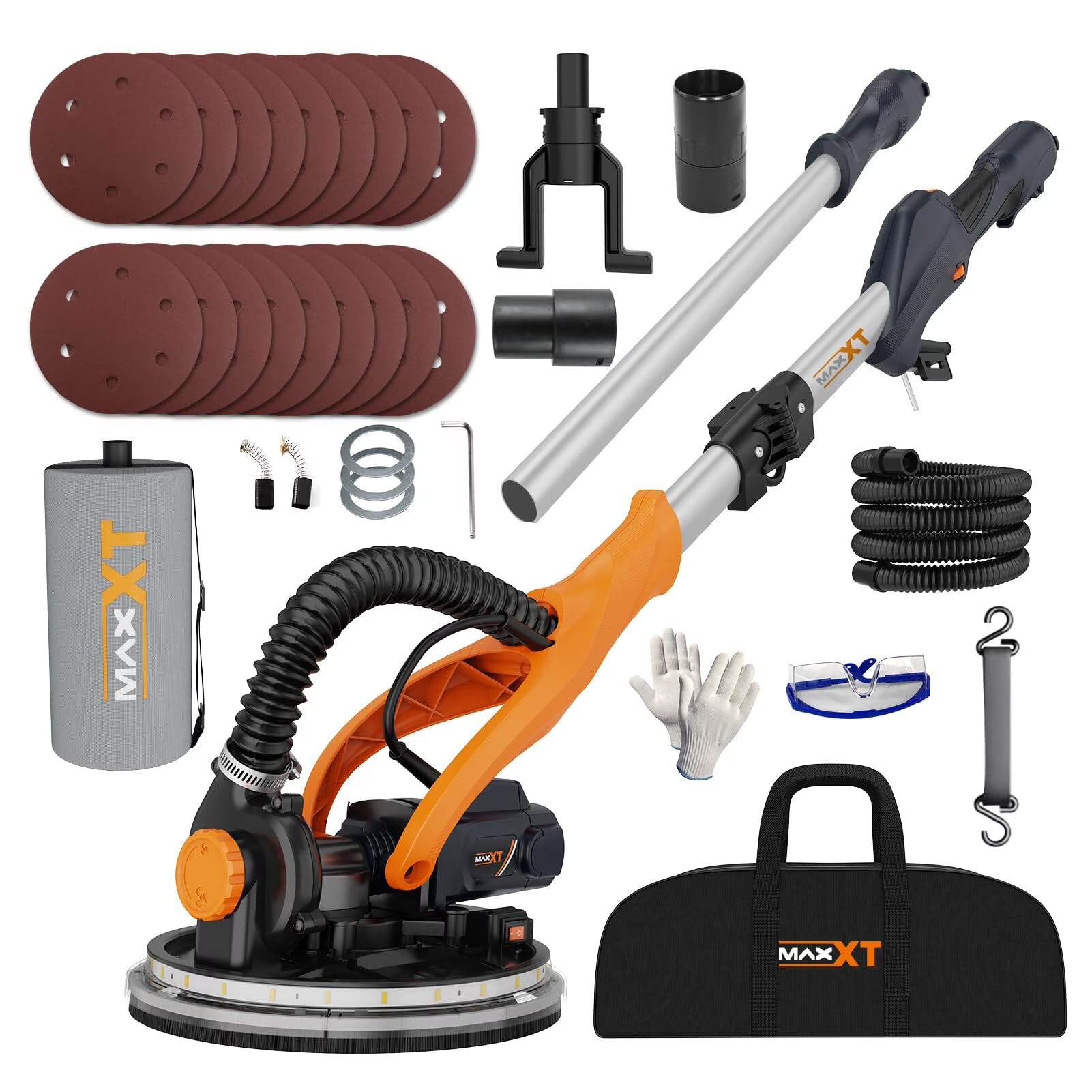 Drywall Sander with Vacuum Dust Collection, 6 Variable Speed Foldable Telescopic Electric Wall Sander, Popcorn Ceiling Removal Tool, 1900RPM Power Sander Tool, LED Light, 18Pcs Sanding Discs,Power D