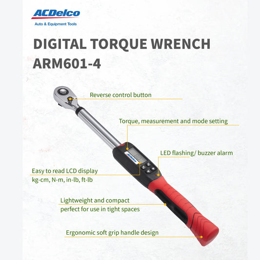 ACDelco ARM601-4 1/2" (14.8 to 147.5 ft-lbs.) Heavy Duty Digital Torque Wrench with Buzzer and LED Flash Notification-ISO 6789 Standards with Certificate of Calibration