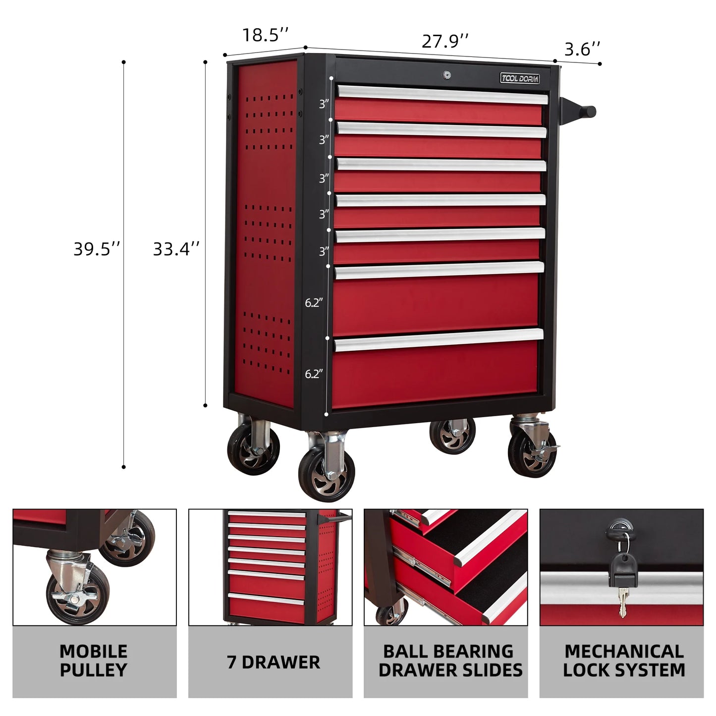28inchTool Cabinets Rolling Toolbox with 7 Drawers, Metal Tool Chest with Wheels, Tool Cart for Garage, Warehouse, Repair Shop, Workshop