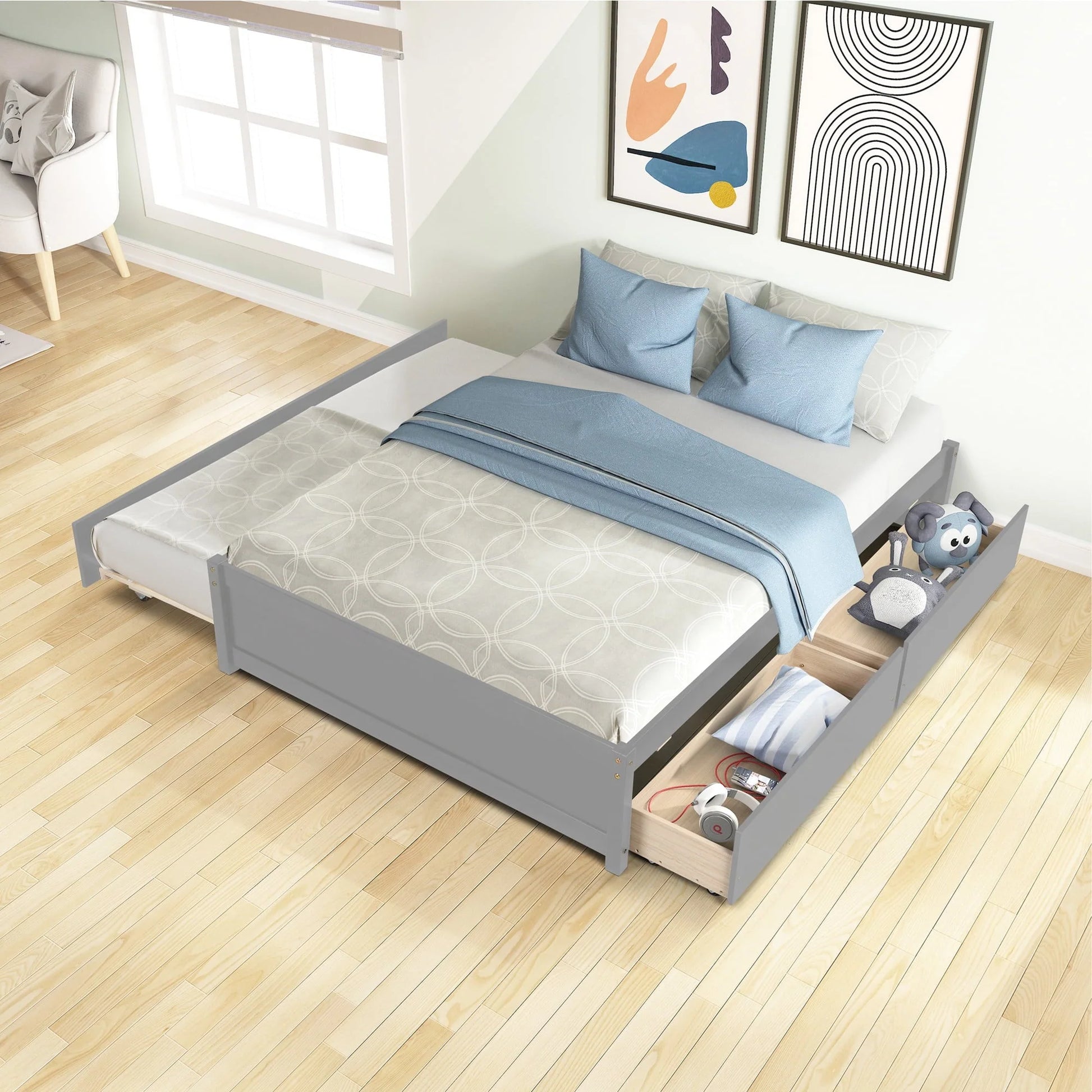 Full Size Platform Bed with 4 Storage Drawers, Solid Wood Bed Frame with Headboard and Slat Support, Storage Bed Frame for Kids Adults Bedroom, Easy Assembly, White