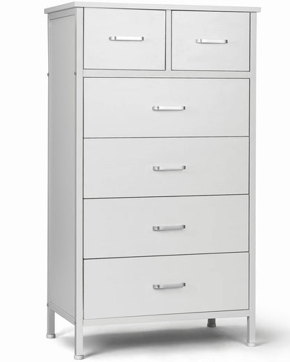 Chest of 6 Drawers, Drawer Dresser storage organizer for Bedroom, Living Room, Hallway, Nursery, Storage Cabinet Wooden Dresser with Steel Frame,White
