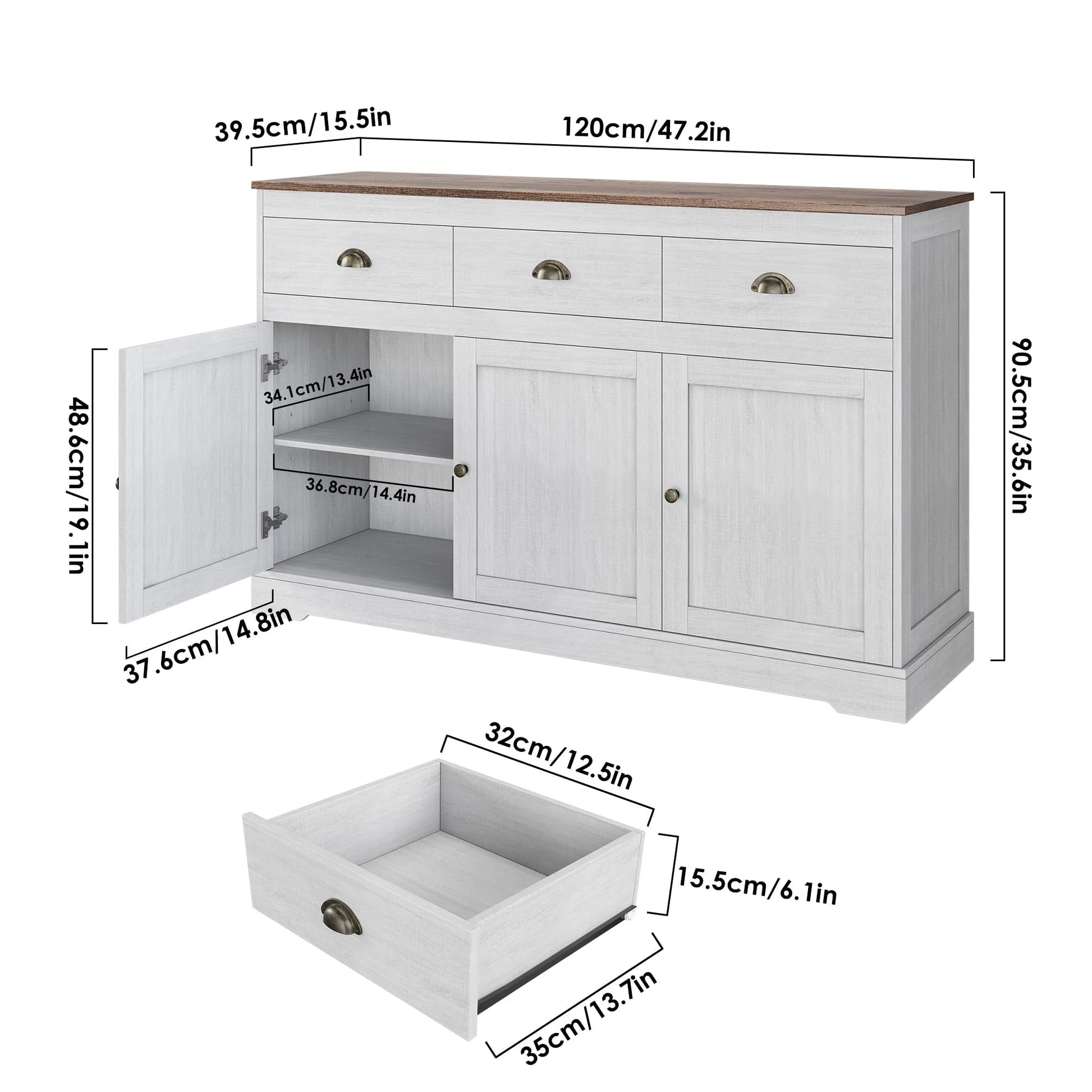 Homfa Sideboard Storage Cabinet with 3 Drawers & 3 Doors, 47.2'' Wide Buffet Cabinet for Dining Room, Antique White