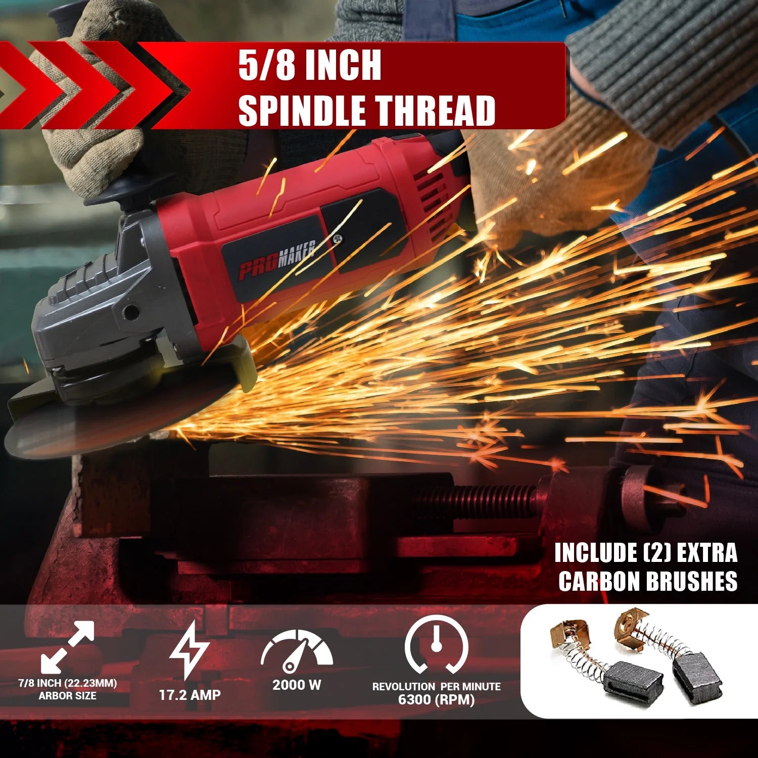 PROMAKER 9 inch Angle grinder, 17.2 AMP 6300 RPM, Heavy Duty Angle Grinder with two (2) extra Carbon brushes . Electric metal grinder tool with Soft Start Technology PRO-ES2009