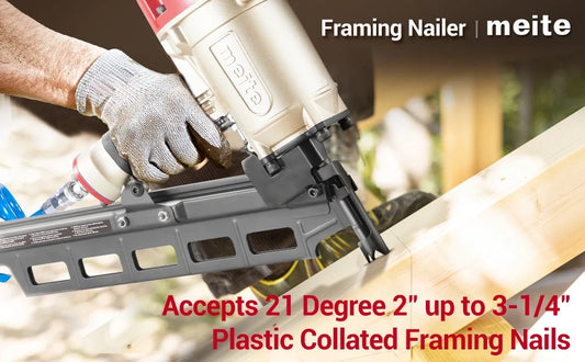 Meite SN2183F Pneumatic Framing Nailer 21 Degree 2" to 3-1/4" Length Plastic Plastic Collated Round Head Framing Nail Gun