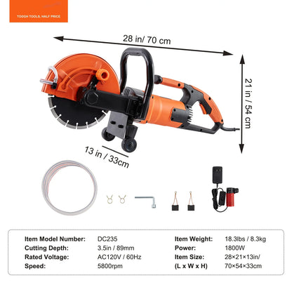 BENTISM 9'' Electric Concrete Saw Wet/Dry 4.5 in Cutting Depth Saw Cutter with Water Pump and Blade, Masonry Saw for Granite, Brick, Porcelain, Reinforced Concrete and Other Material