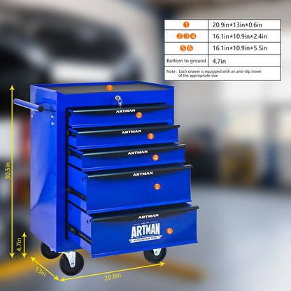 Rolling Metal Tool Chest Cabinet with 5 Drawers & Ball Bearing Drawer Slides, Steel Tool Storage Box Organizer -BLUE