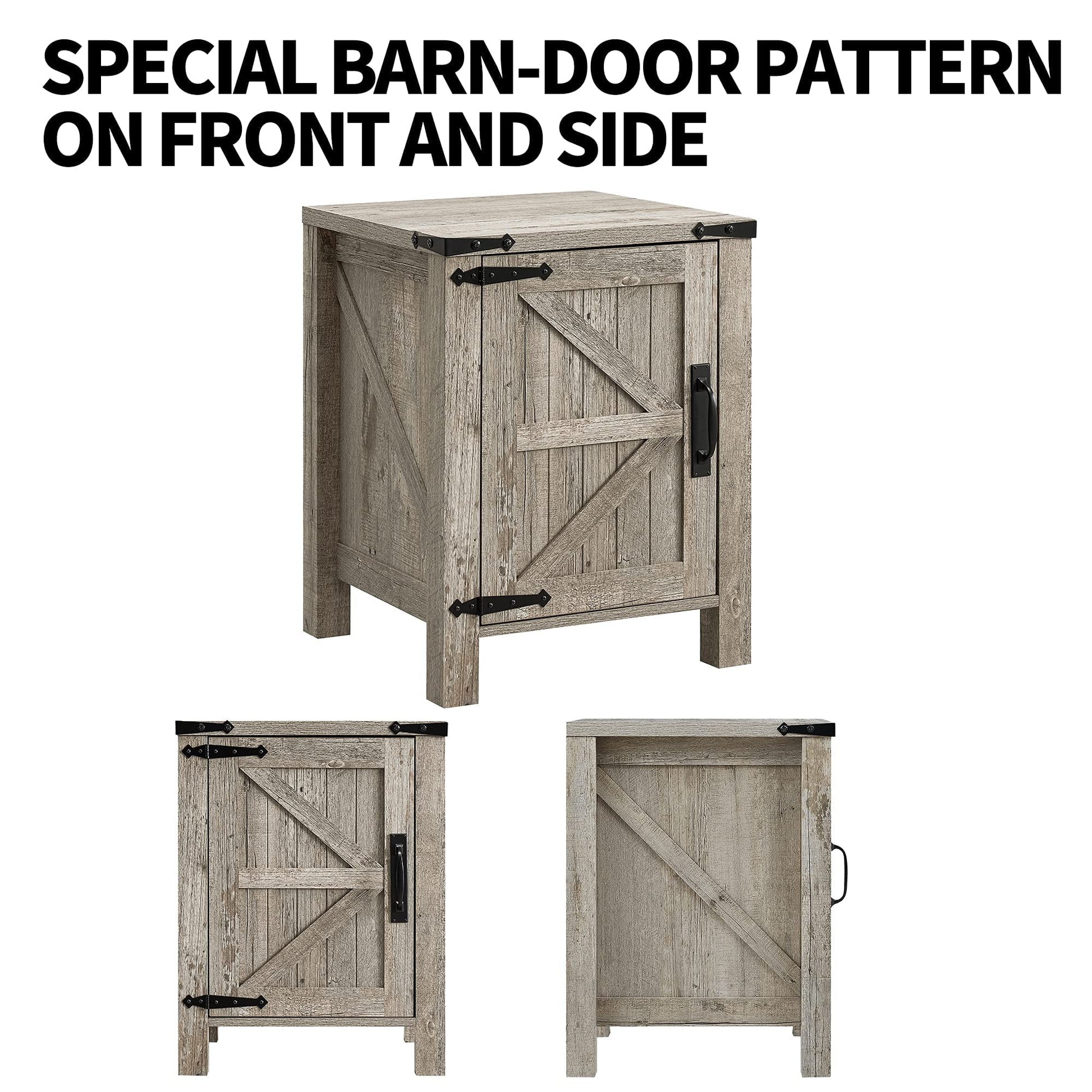 OKD Farmhouse Large Storage Square End Side Tables Wood with Barn Door and Charging Station, Light Rustic Oak