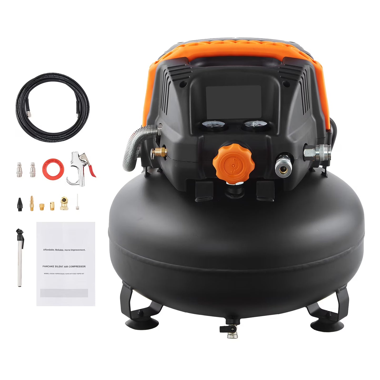 KFFKFF 6-Gallon Portable Air Compressor, 1.7HP Motor, 2.3CFM@90PSI, 150PSI Max Pressure, Includes 12-Piece Accessory Kit and 25FT Air Hose for Tire Inflation, Painting, and Woodworking