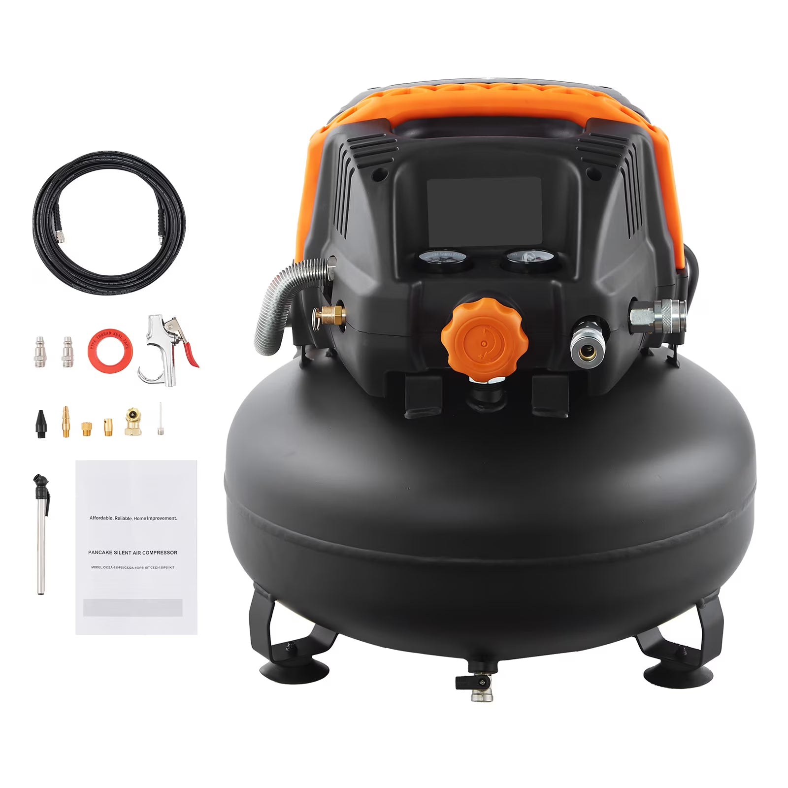 KFFKFF 6-Gallon Portable Air Compressor, 1.7HP Motor, 2.3CFM@90PSI, 150PSI Max Pressure, Includes 12-Piece Accessory Kit and 25FT Air Hose for Tire Inflation, Painting, and Woodworking