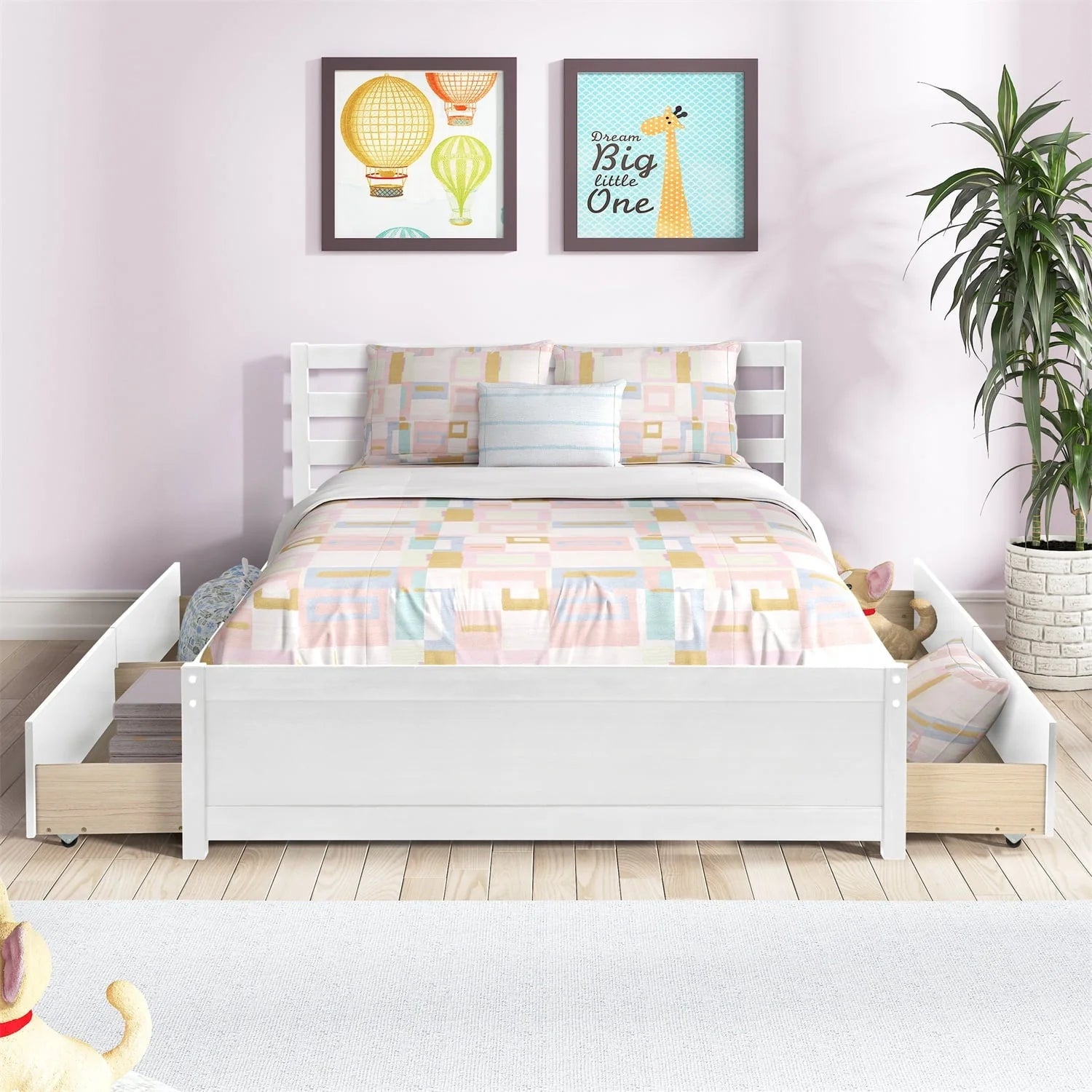 Full Size Platform Bed with 4 Storage Drawers, Solid Wood Bed Frame with Headboard and Slat Support, Storage Bed Frame for Kids Adults Bedroom, Easy Assembly, White