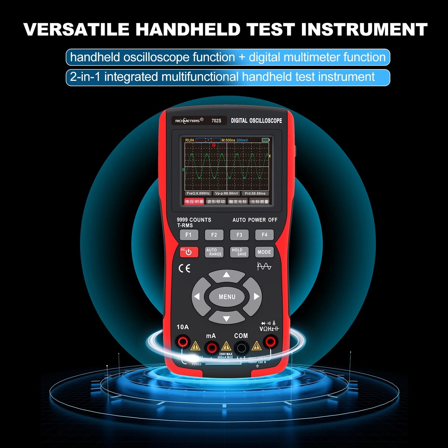 Oscilloscope Multimeter Handheld LCD Digital Multimeter & Oscillometer 2-in-1 Universal Meter Scope Meter 9999 Counts 10MHz 48MSa/s Single Channel Measuring AC/DC Voltage & Current Resistance