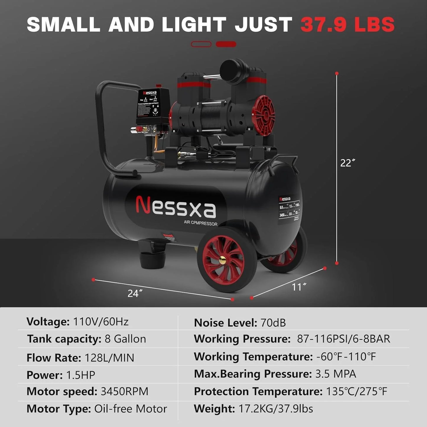 EAYSG 8 Gallon Ultra Quiet Air Compressor, 1.5HP 4.52 CFM Oil-Free, 115 PSI Max, 110V Portable Air Compressor with Tank for Car Repair, Spray Painting, Nailing