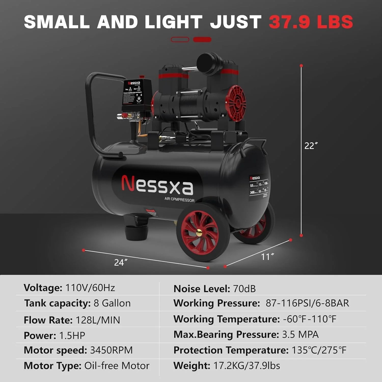 EAYSG 8 Gallon Ultra Quiet Air Compressor, 1.5HP 4.52 CFM Oil-Free, 115 PSI Max, 110V Portable Air Compressor with Tank for Car Repair, Spray Painting, Nailing