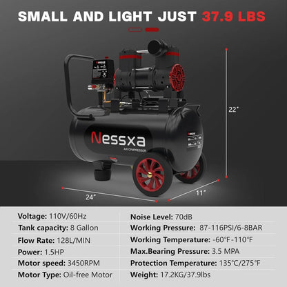EAYSG 8 Gallon Ultra Quiet Air Compressor, 1.5HP 4.52 CFM Oil-Free, 115 PSI Max, 110V Portable Air Compressor with Tank for Car Repair, Spray Painting, Nailing