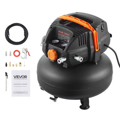 VEVOR 6 Gallon Air Compressor,1.7HP 2.3CFM@90PSI Portable Pancake Air Compressor & 150PSI Max Pressure, 12-Piece Accessory Kit with 25FT Air Hose for Tire Inflation, Spray Painting, Woodwork Nailing