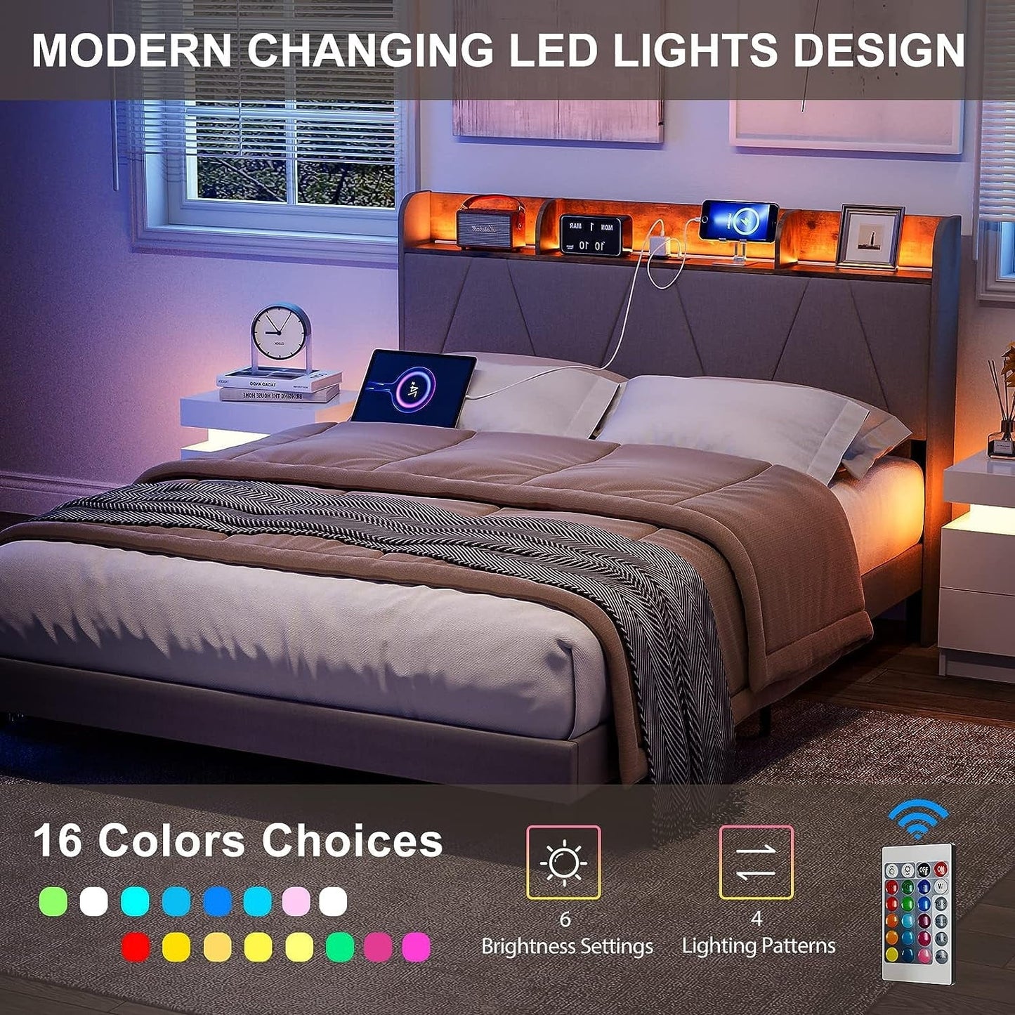 IKIFLY Queen Bed Frame with Charging Station & Storage Shelf Headboard, Upholstered LED Bed Frame with 2 Outlets and 2 USB Ports(1 Type C), Solid Wood Slats, No Box Spring Needed - Light Brown