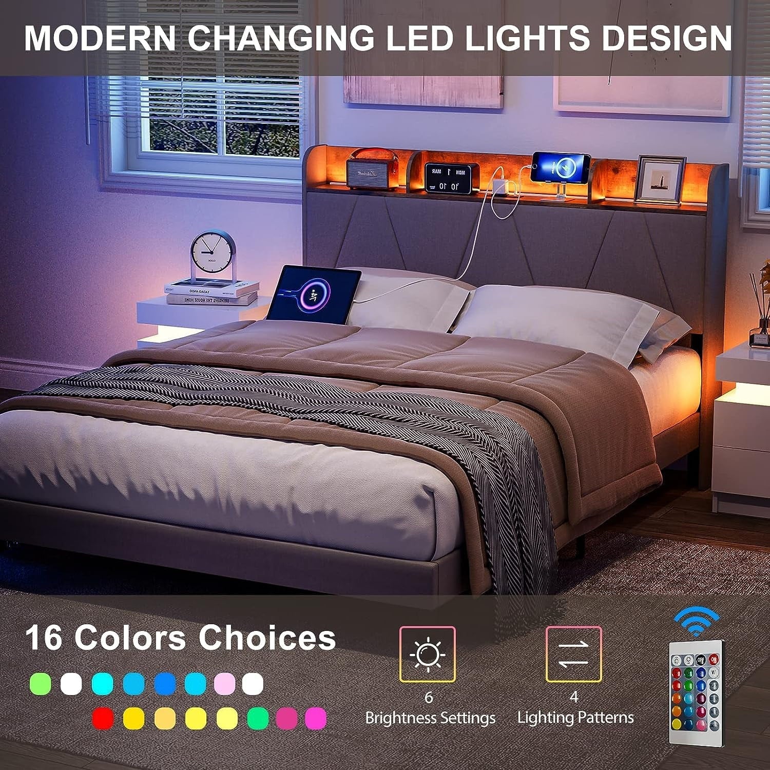 IKIFLY Queen Bed Frame with Charging Station & Storage Shelf Headboard, Upholstered LED Bed Frame with 2 Outlets and 2 USB Ports(1 Type C), Solid Wood Slats, No Box Spring Needed - Light Brown