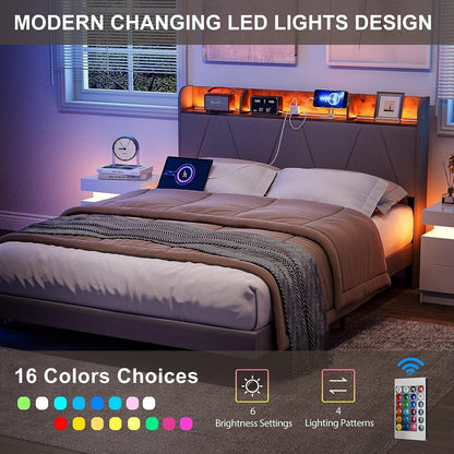 IKIFLY Queen Bed Frame with Charging Station & Storage Shelf Headboard, Upholstered LED Bed Frame with 2 Outlets and 2 USB Ports(1 Type C), Solid Wood Slats, No Box Spring Needed - Light Brown