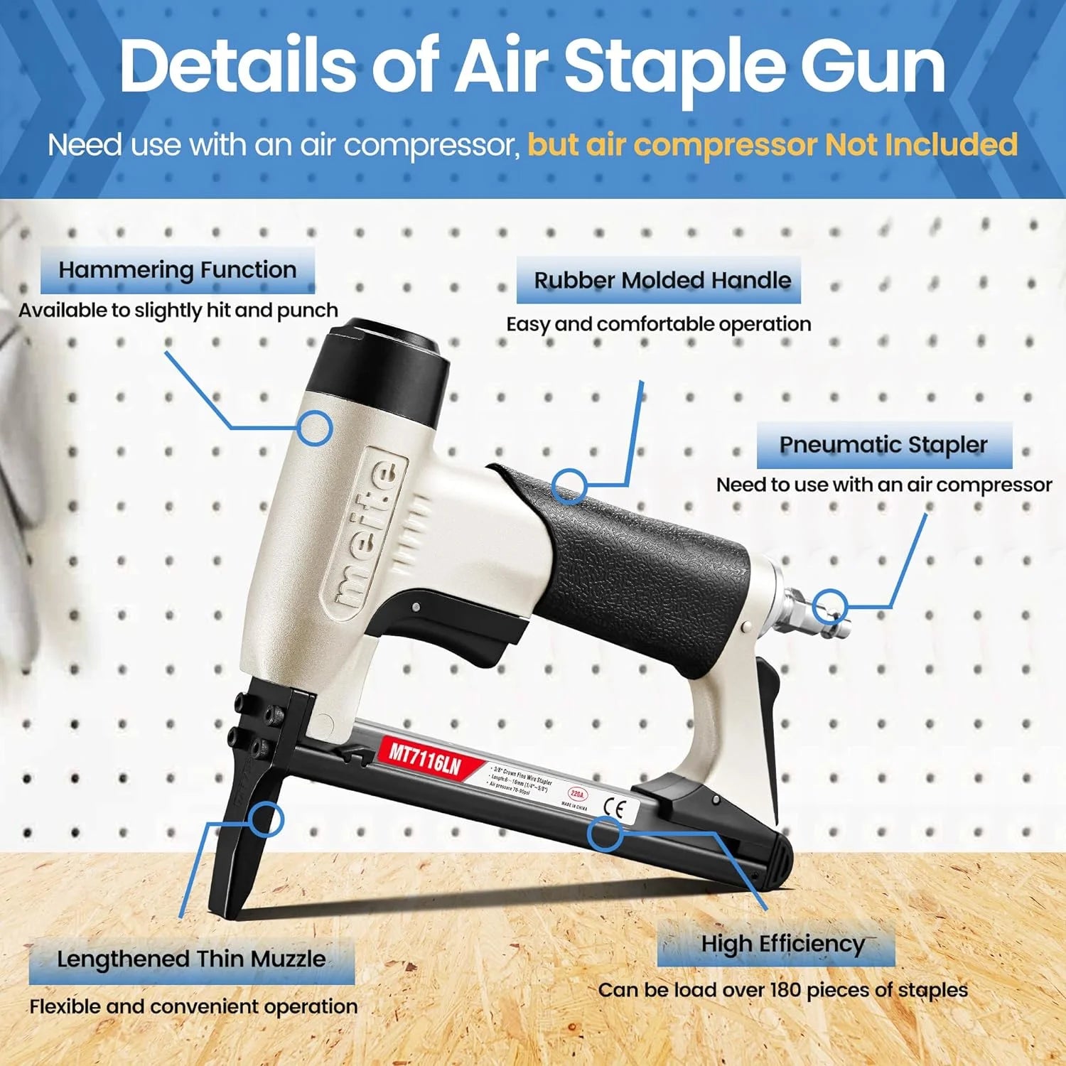 MEITE MT7116LN Pneumatic Staple Gun with Long Nose 22 Gauge 3/8" Crown 1/4" to 5/8" Length 71 Series