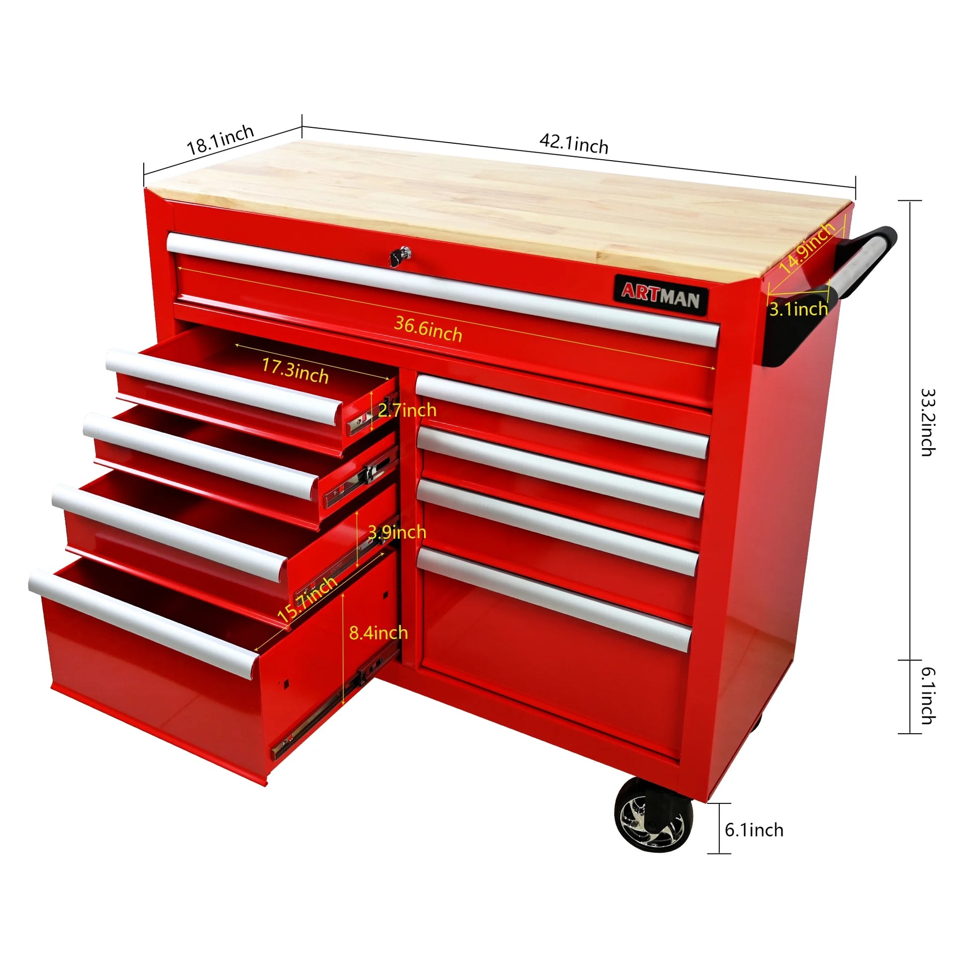 ARTMAN 9 Drawer Rolling Tool Chest with Wheels and Wooden Top, Heavy Duty Industrial Service Cart Storage Organizer with Locking System,45.28*18.11*39.37inches,1 Pack