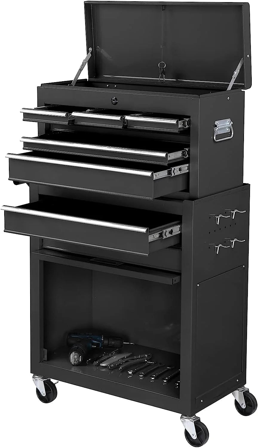 TUFFIOM 8-Drawer Rolling Tool Chest w/Lock & Key, Tool Storage Cabinet w/Wheels, Detachable Top, Drawers, Side Hooks & Drawer Liners, Tool Organizer Box for Garage, Warehouse & Repair Shop