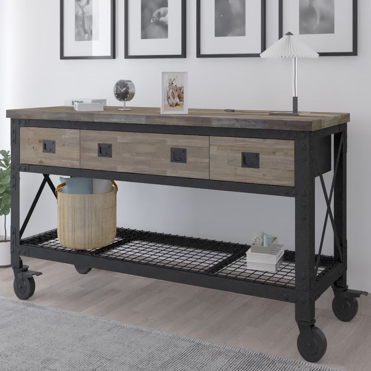 72 In x 24 In. 3 Drawer Rolling Industrial Workbench with Wood Top - Aged Macadamia