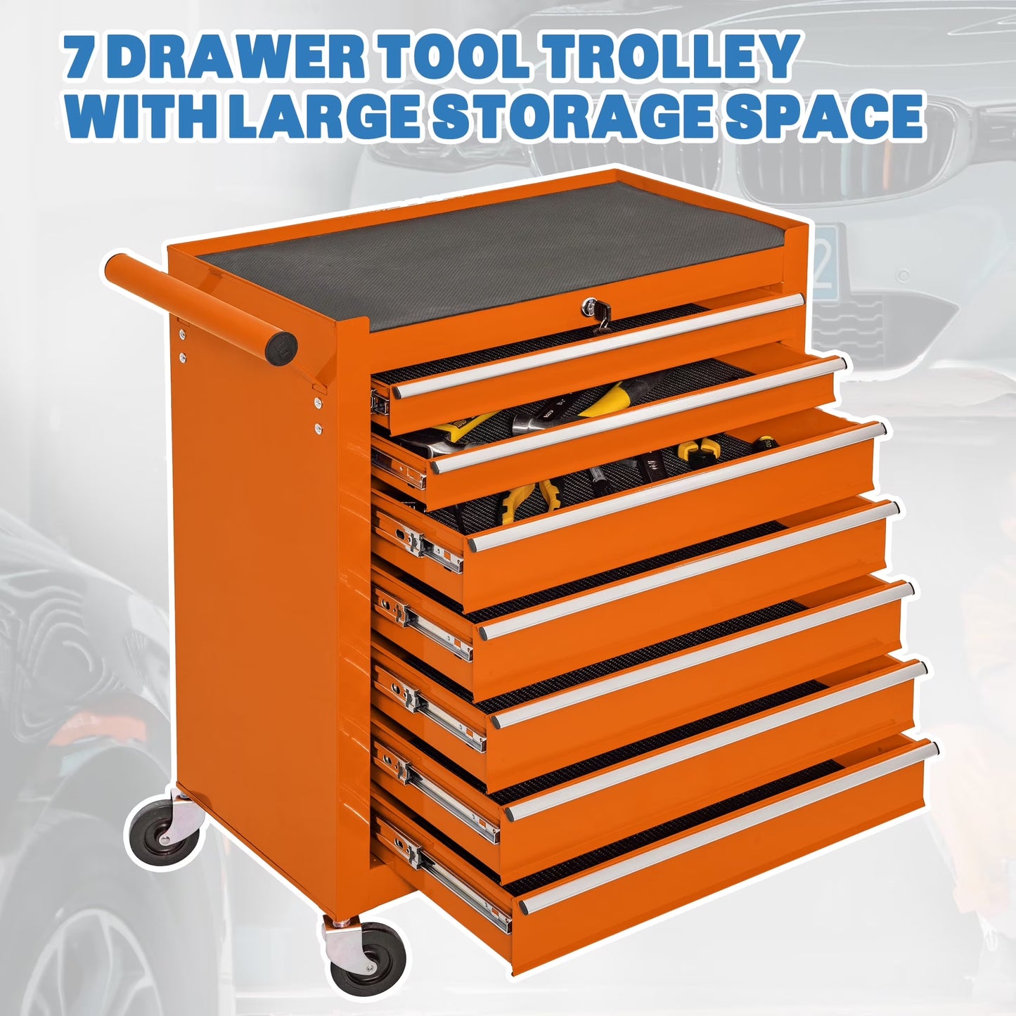 Tool Box, 7-Drawer Steel Rolling Tool Chest on Wheels for Workshop Garage, Orange