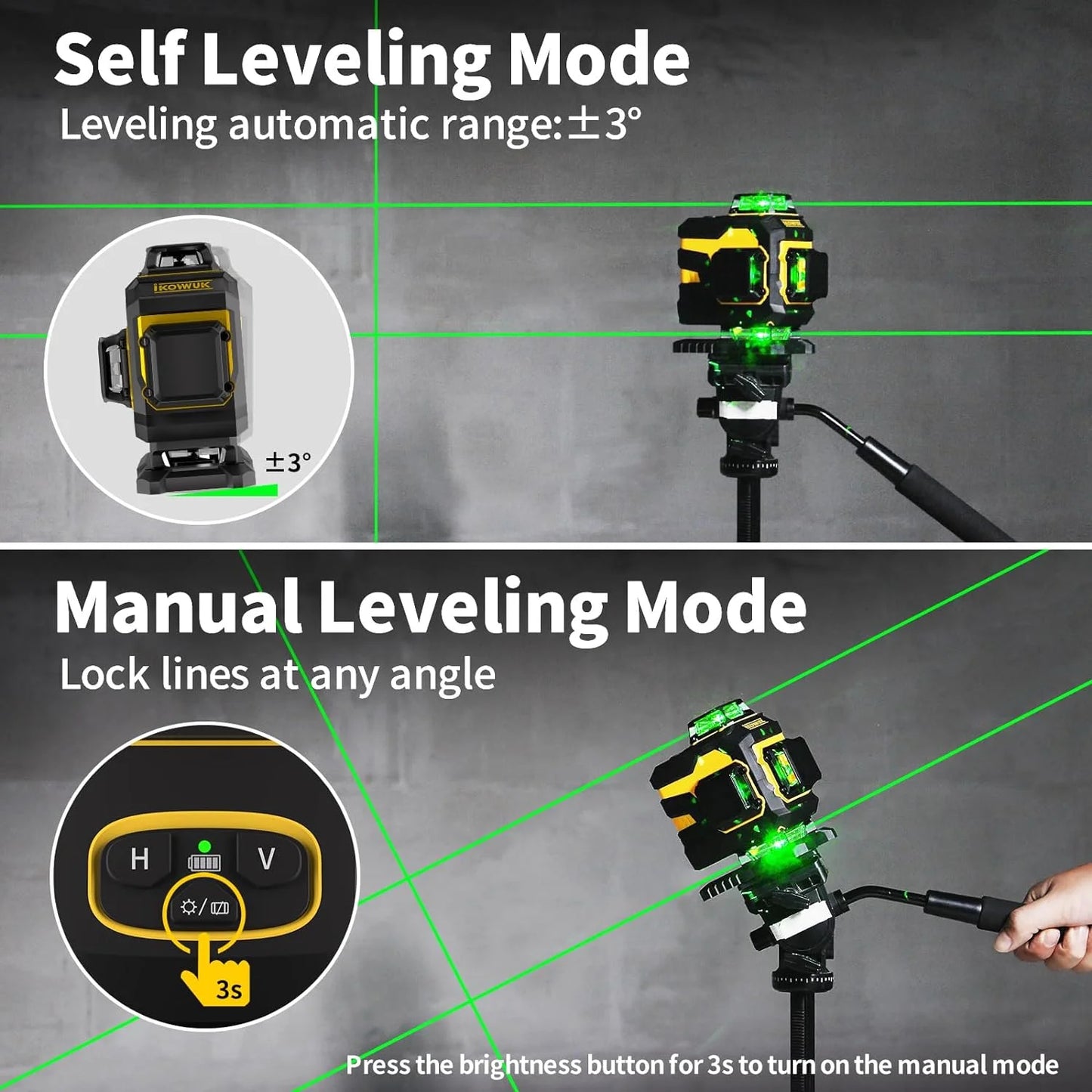 Laser Level, IKOVWUK 3x360? Cross Line Laser for Construction and Picture Hanging, 12 Green Lasers with Self-leveling, 65 ft Vertical & Horizontal Line, Level Tool with 5200 mAh Rechargeable Battery