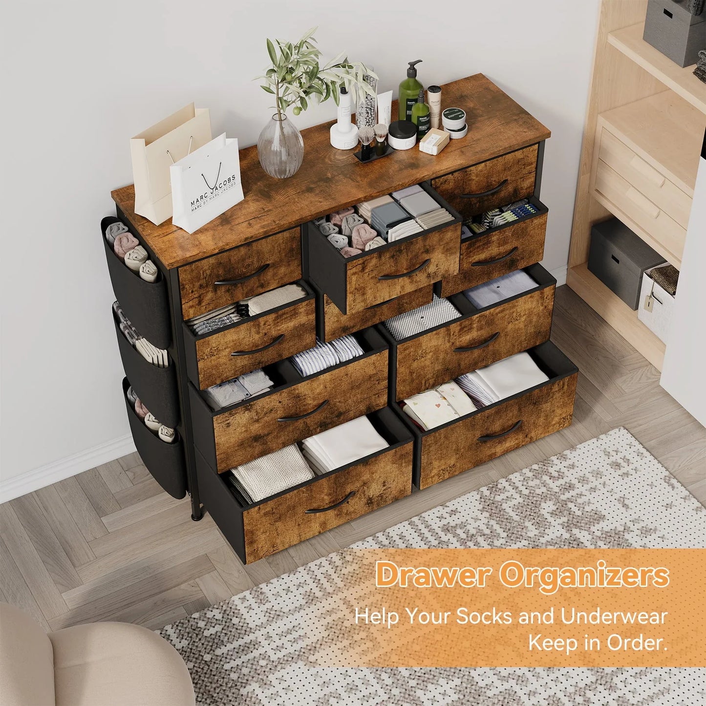 Kidlove Non-woven Fabric Drawer Cabinet with 10 Drawers, Fabric Storage Cabinet Dresser Organizer, for Bedroom Hallway Entryway Closets